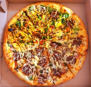 Half thai half indian with added 🌱 pepperoni Omg soo good!!! My favorite pizza 😋 at Vegan Pizza in Garden Grove