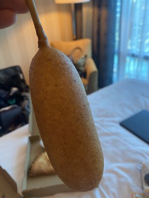 The vegan corn dog with a little mustard is so amazingly good tasting and authentic. Even my meat eating husband approved  at Vegan Pizza in Garden Grove