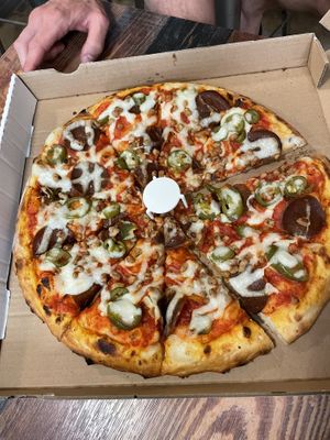 Meat lovers with jalapeños  at Vegan Pizza in Garden Grove