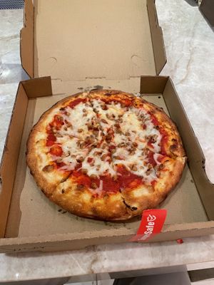 Sausage pizza. Delivered   at Vegan Pizza in Garden Grove