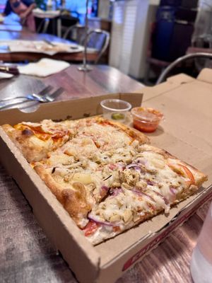 What’s left of an xl pizza half house special and half pineapple with jalapeno on the sidee #Veganuary at Vegan Pizza in Garden Grove