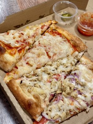 What’s left of an xl pizza half house special and half pineapple with jalapeno on the side #Veganuary at Vegan Pizza in Garden Grove