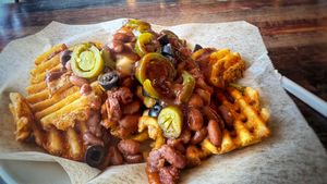 Chili cheese waffle fries   at Vegan Pizza in Garden Grove