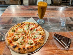 Hawaiian pizza, black forest cake, Thai iced tea at Vegan Pizza in Garden Grove
