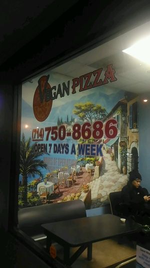 window at Vegan Pizza in Garden Grove