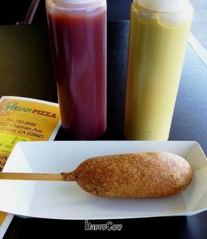 Vegan Corn Dog.  So goooood! at Vegan Pizza in Garden Grove