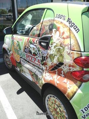 Their delivery car is a Smart Car with Vegan Pizza Wheels, so cute! at Vegan Pizza in Garden Grove