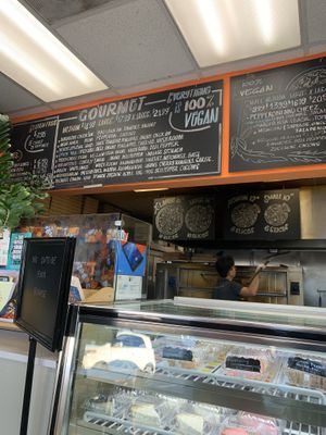 Serving area and dessert tray at Vegan Pizza in Garden Grove