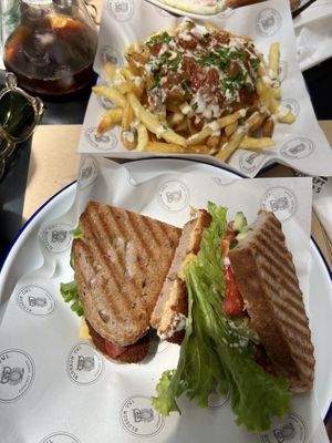 French fries and vegan sandwich   at Blossom Owl in Kalamata