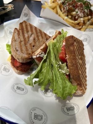 Vegan sandwich with vegan nuggets, vegan mayonnaise and veggies (that I chose)  at Blossom Owl in Kalamata