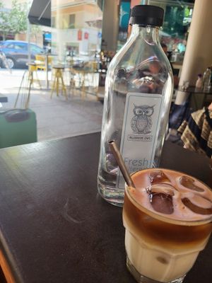 Vegan iced flat white at Blossom Owl in Kalamata