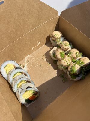 breakfast roll and scallop roll (already ate some before pic sorry lol)  at Vegan Mirai in San Diego
