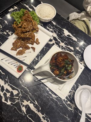 Marmite fried lotus root and Taiwanese 3 cup mushroomm  at LVC Vege Restaurant - 创意林镇藩料理坊 in Malacca