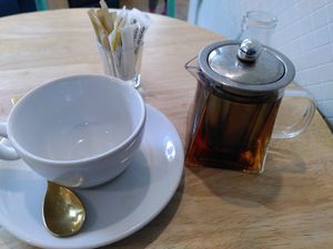 Decaf tea with oat milk setup (October 2024) at Coliseum Coffee House in Ceredigion