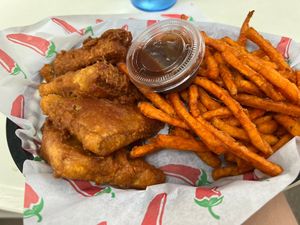 Tempeh tenders with sweet potato fries. BBQ sauce was the only vegan sauce they offered    at Avogadro's Number in Fort Collins