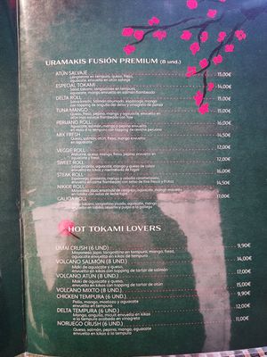 Carta at Tokami Sushi Vendrell in El Vendrell