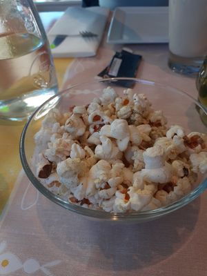Popcorn with black pepper (interesting combination) on the house at Veggies on Fire in The Hague