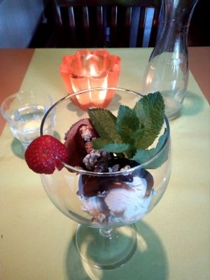 Vanilla and chocolate ice cream with caramelized hazelnuts at Veggies on Fire in The Hague