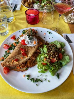 Balkan-inspired buckwheat pancake with jackfruit filling at Veggies on Fire in The Hague