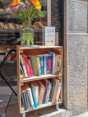 book exchange shelf  at Thomas' Bakeshop Boutique in Mallorca