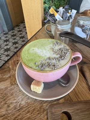 Lavender matcha latte made with oat as defaultt  at Lyla Belle's Cafe in Hartlepool