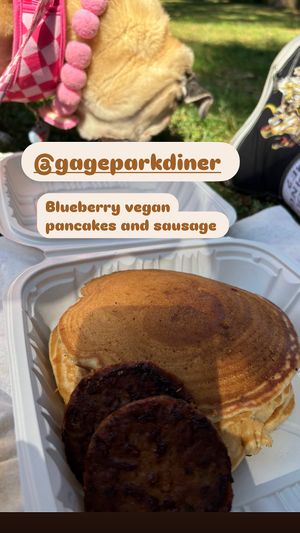 Pancakes blueberry’ and vegan sausage   at Gage Park Diner in Hamilton