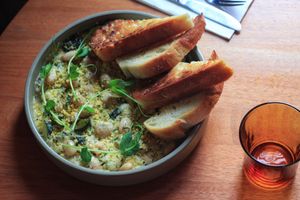 Zucchini Butterbean Bowl, with lemon garlic cashew cream, sourdough (vg) at Bowery Kitchen and Bar in Katoomba