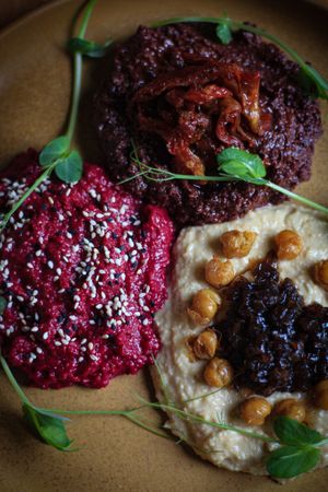 Trio of Dips ~ hummus with caramelised onion, beetroot and olive tapenade served with flatbread (vg, gf+) at Bowery Kitchen and Bar in Katoomba