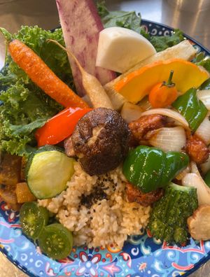 Sweet and Sour Karaage organic brown rice plate at Tokyo Vegan Ramen Center in Tokyo