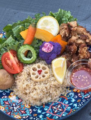 Karaage Chili sauce organic brown rice plate at Tokyo Vegan Ramen Center in Tokyo