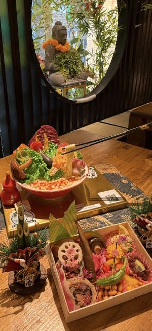 Vegan🍜Ramen&Bento🍱.              A vegan ramen and bento set.
Traditional Japanese dishes, all made 100% vegan.  at Tokyo Vegan Ramen Center in Tokyo