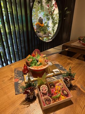 A vegan ramen and bento set featuring traditional Japanese dishes made fully plant-based  at Tokyo Vegan Ramen Center in Tokyo