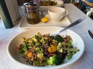 Teriyaki Quinoa Bowl + Jasmine Pearl green tea. at True Food Kitchen in Tucson