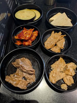 Assorted vegan meats, tofu, and eggplant at Master Kim's Korean BBQ 2 in Las Vegas