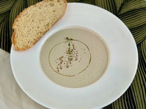 Vegan High protein mushroom truffle soup.  at Smooth Healthy Cafe in Bangkok