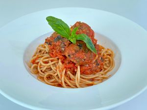 Wholewheat pasta, vegetable ball, tomato sauce.  at Smooth Healthy Cafe in Bangkok