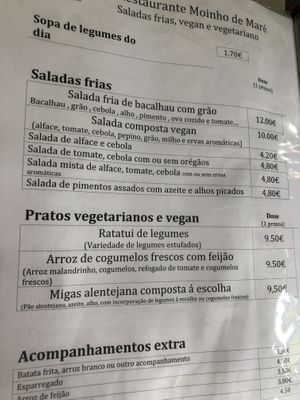 Menu  at Restaurante Moinho de Maré in Almada