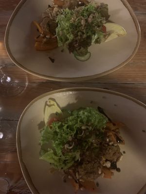 1st course - Salad with lukewarm pumpkin and boulettes  at Die Weinstube Nachhaltig Geniessen in Zeltingen