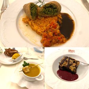 Curry soup, rice, peanut brownie at Die Weinstube Nachhaltig Geniessen in Zeltingen