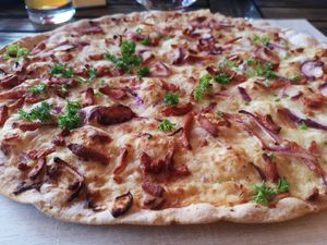 Flammkuchen w Bacon/Onions at Die Weinstube Nachhaltig Geniessen in Zeltingen