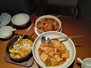 Vegetable curry, mushroom & tofu, soup. at Qing Chun By Perma in Shanghai