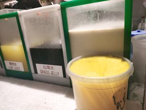 Vegan soya milk, grass jelly, lime juice at SIN - Soya Bean - T1 in East Singapore