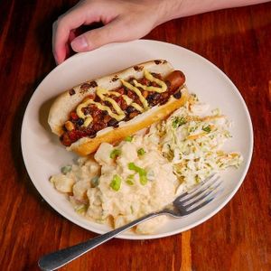 Celebrate National Hot Dog Day with one of our American Classics, The Chili Dog Plate! at Veggie Grill in Encino