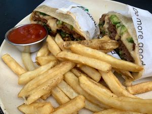 Diablo Quesadilla Burger and Fries at Veggie Grill in Encino