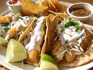 Crispy Tres Fish Tacos. Delicious! at Veggie Grill in Encino