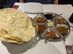 Popadoms and pickle tray  at Saffron Indian Kitchen in Praia Da Luz