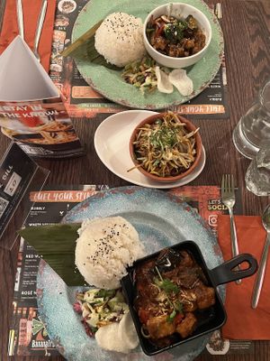 Tamarind spicy aubergine with tofu & teriyaki stir fry with vegan bites (mains) + soya noodles (side)  at Banana Tree in Bath