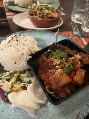 Tamarind spicy aubergine with tofu + soya noodles   at Banana Tree in Bath