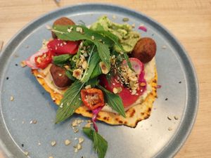 Vegan sweet potato flatbread with falafel at Cafe Mocha in Bateau Bay
