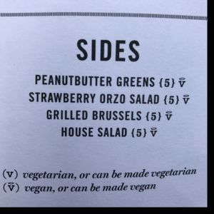vegan options marked with a v with a halo :-) at Cedar Point Bar and Kitchen in Philadelphia
